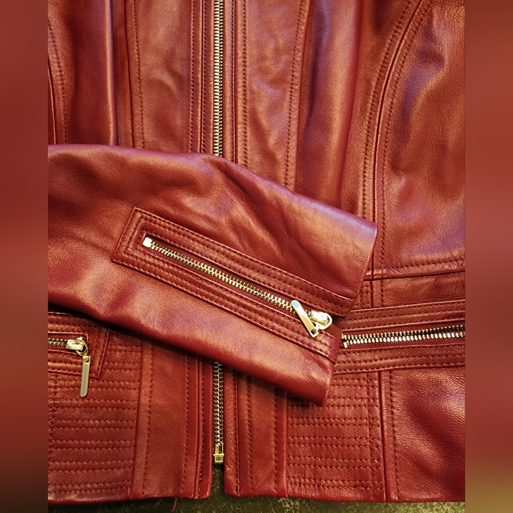 Free Ship!! WHBM Red Leather Moto Jacket with Sleek Fit SIZE XS - Picture 6 of 16